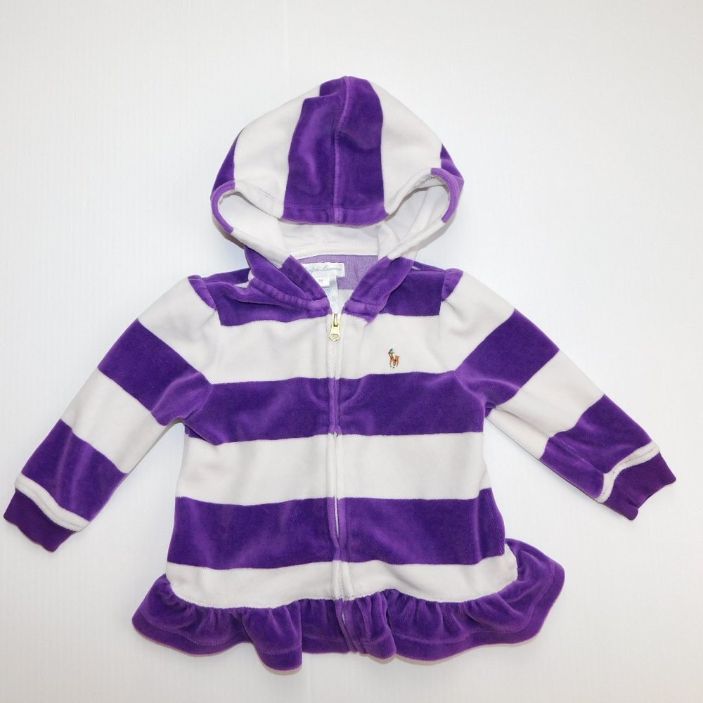 Ralph Lauren Purple White Striped Velour Full Zip Hoodie Baby Girl 9 Months 9M